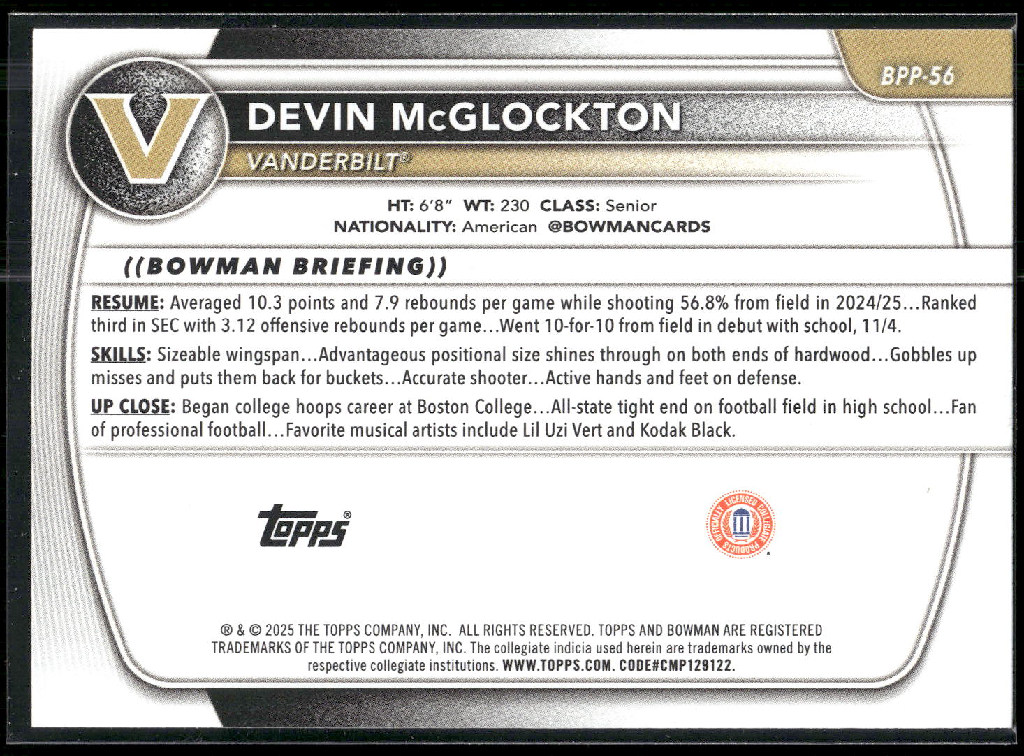 2025-26 Bowman #BPP-56 Devin McGlockton Prospects