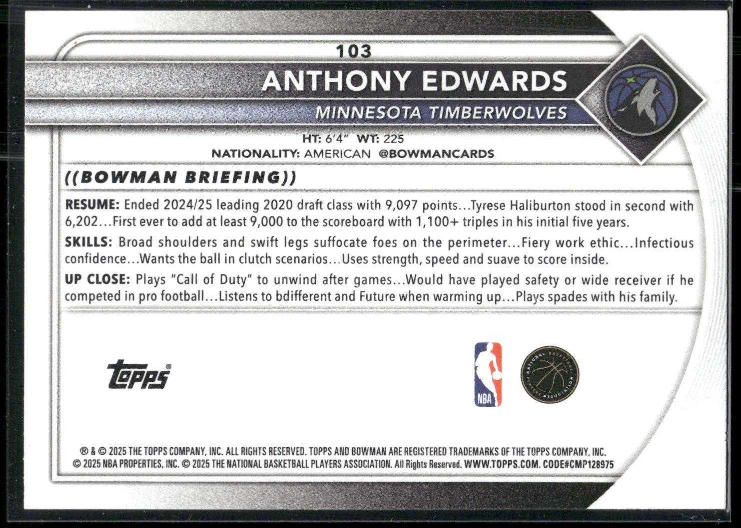 2025-26 Bowman #103 Anthony Edwards