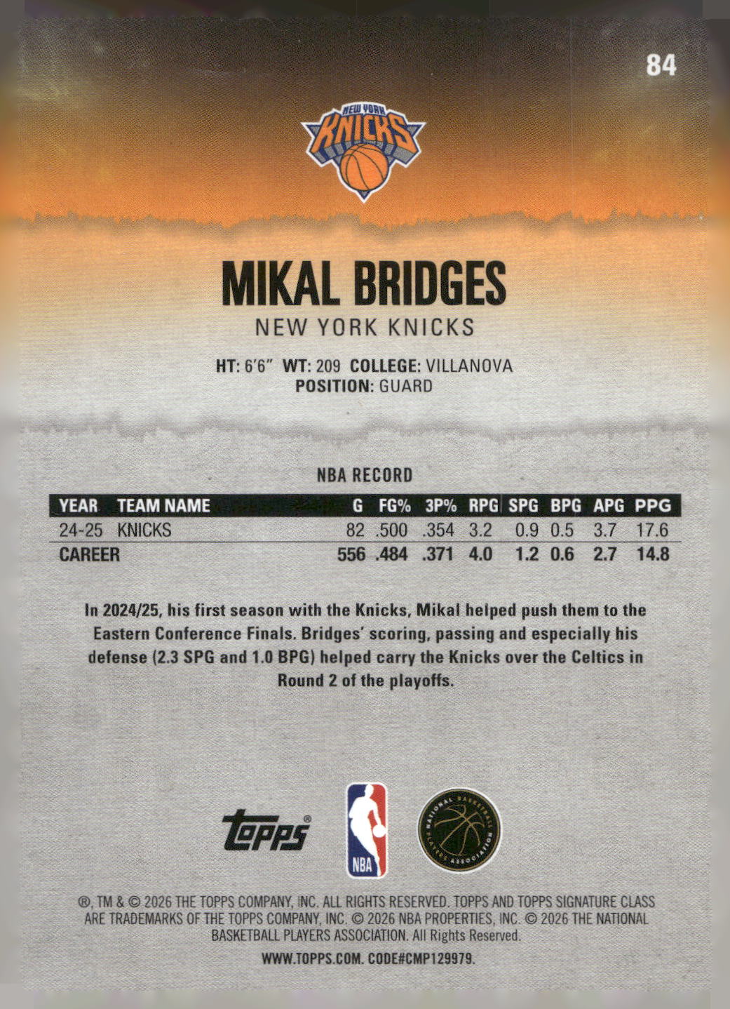 2025-26 Topps Signature Class #84 Mikal Bridges