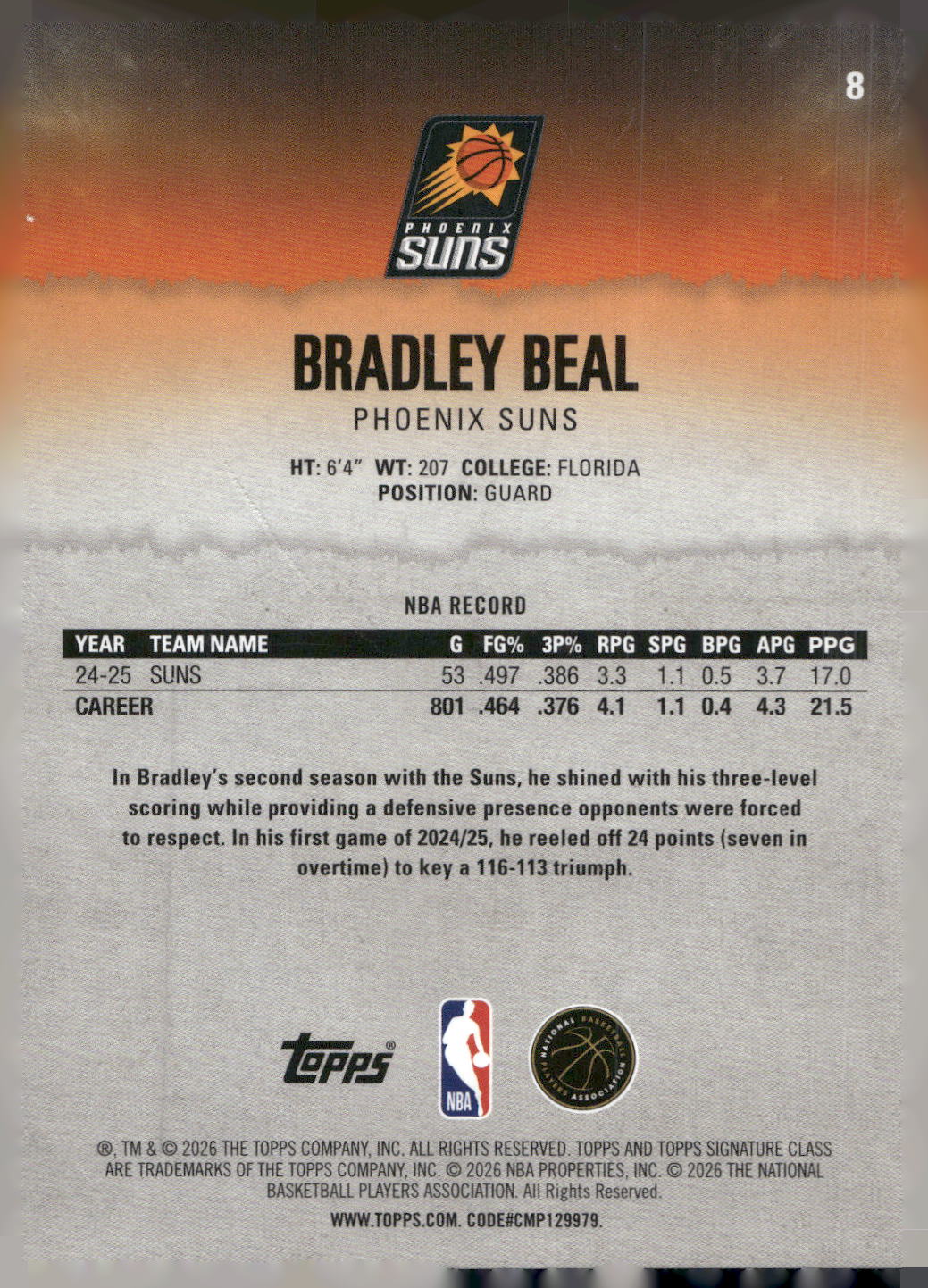2025-26 Topps Signature Class #8 Bradley Beal