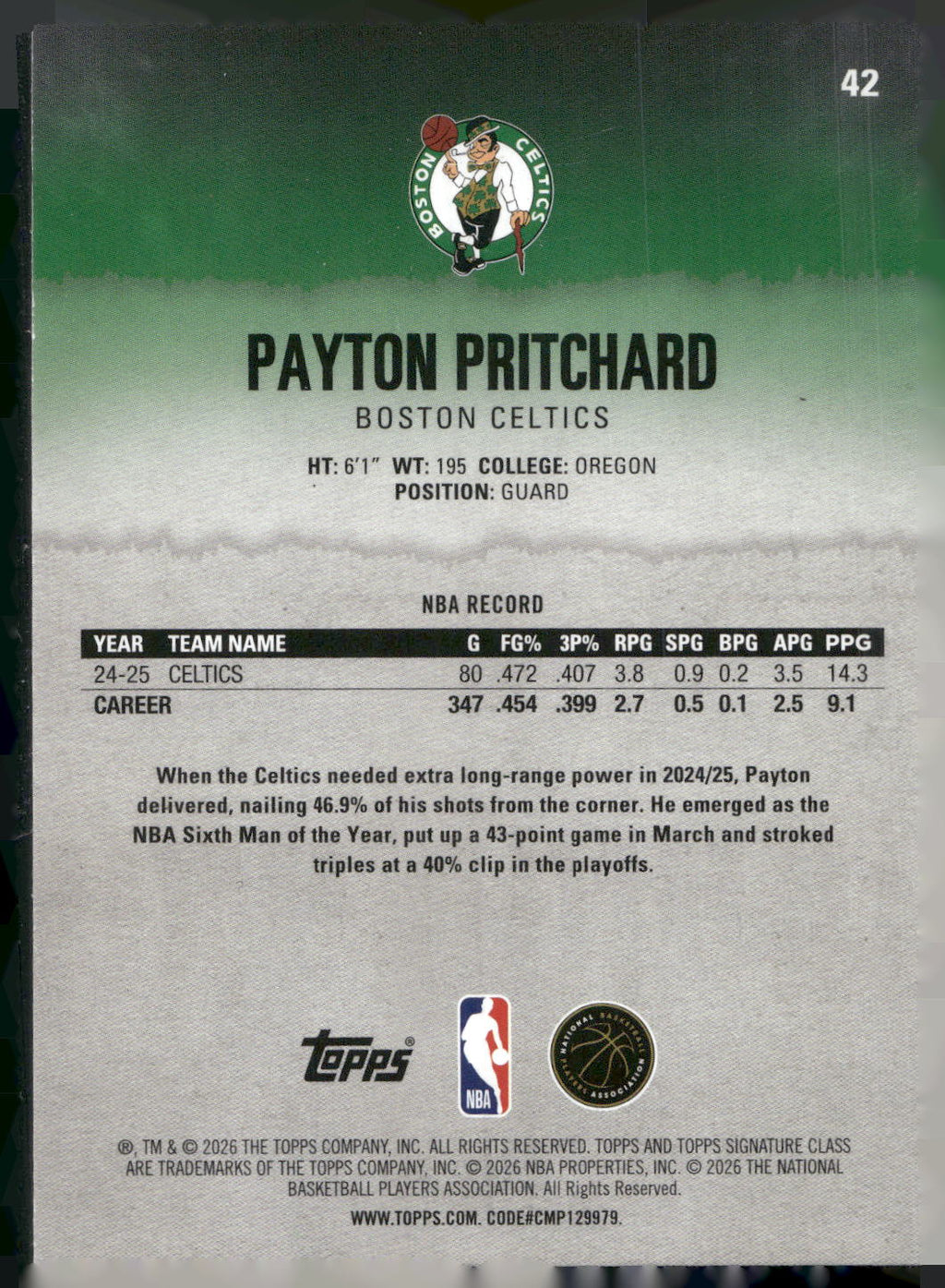 2025-26 Topps Signature Class #42 Payton Pritchard