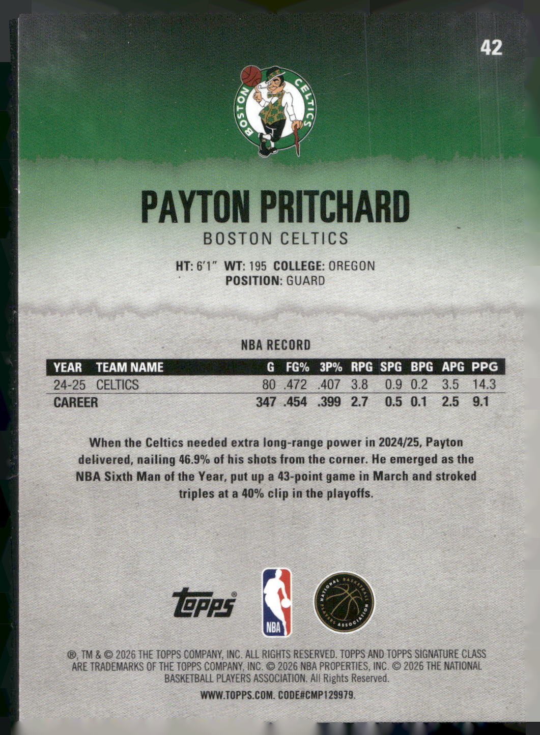 2025-26 Topps Signature Class #42 Payton Pritchard