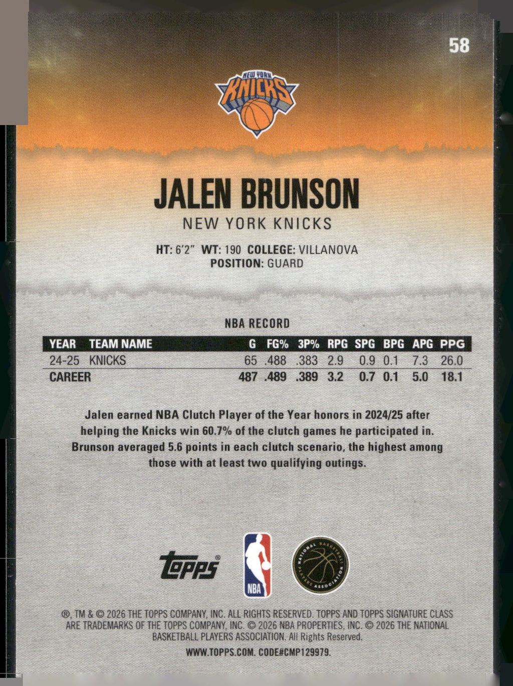2025-26 Topps Signature Class #58 Jalen Brunson