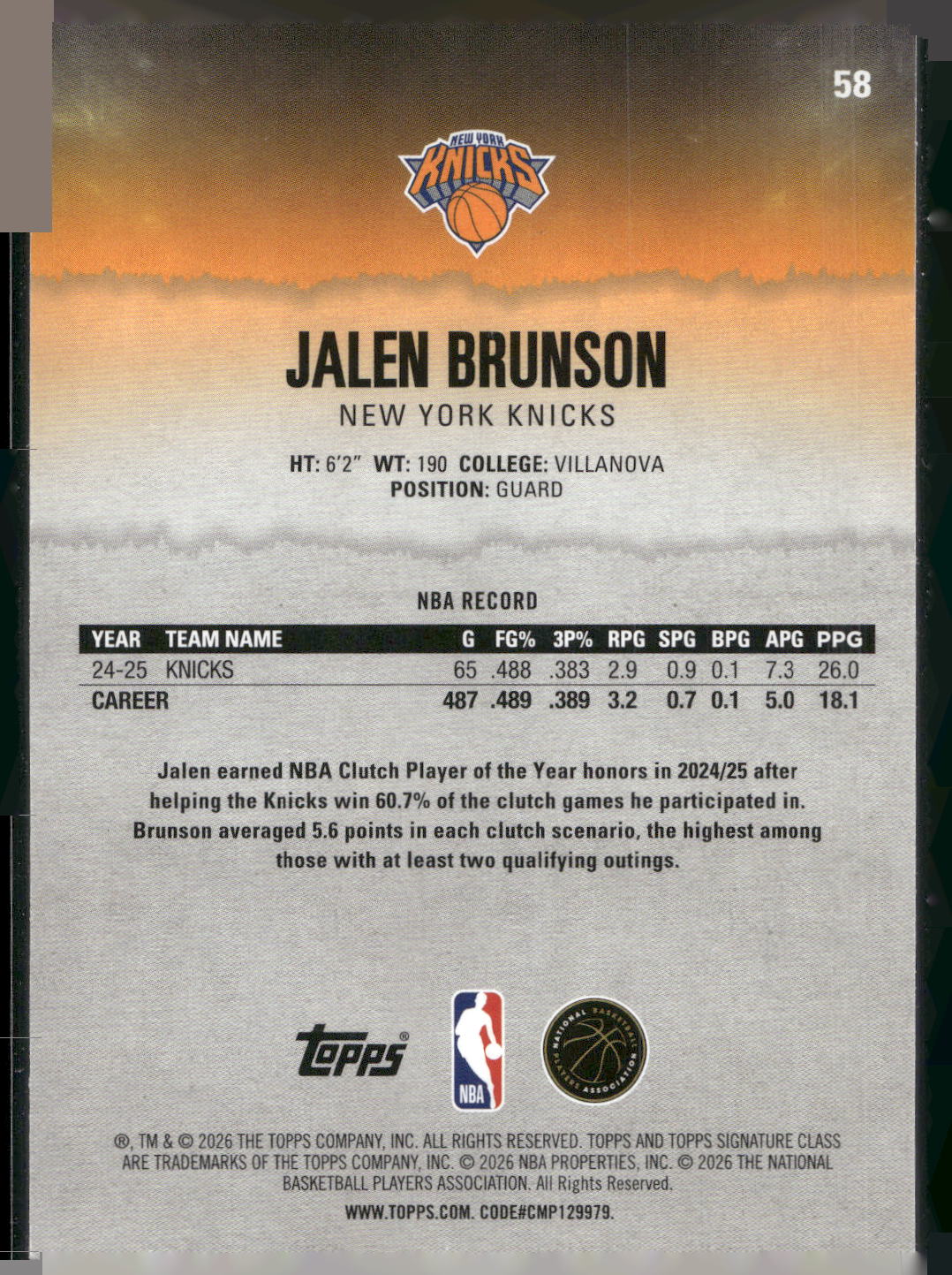 2025-26 Topps Signature Class #58 Jalen Brunson