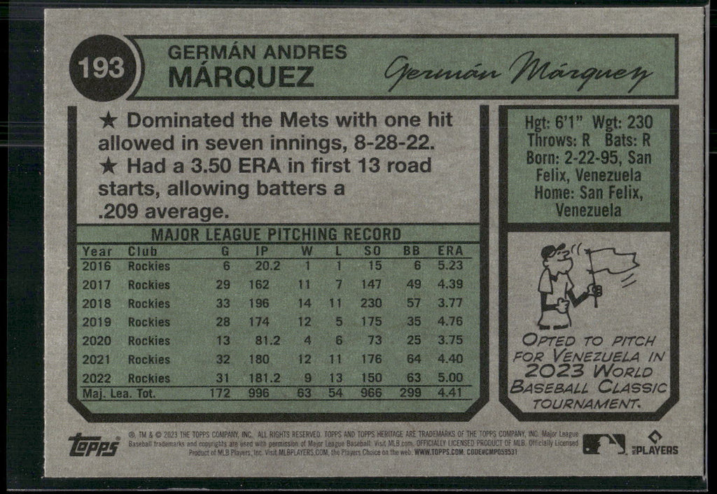 2023 Topps Heritage #193 Germán Márquez