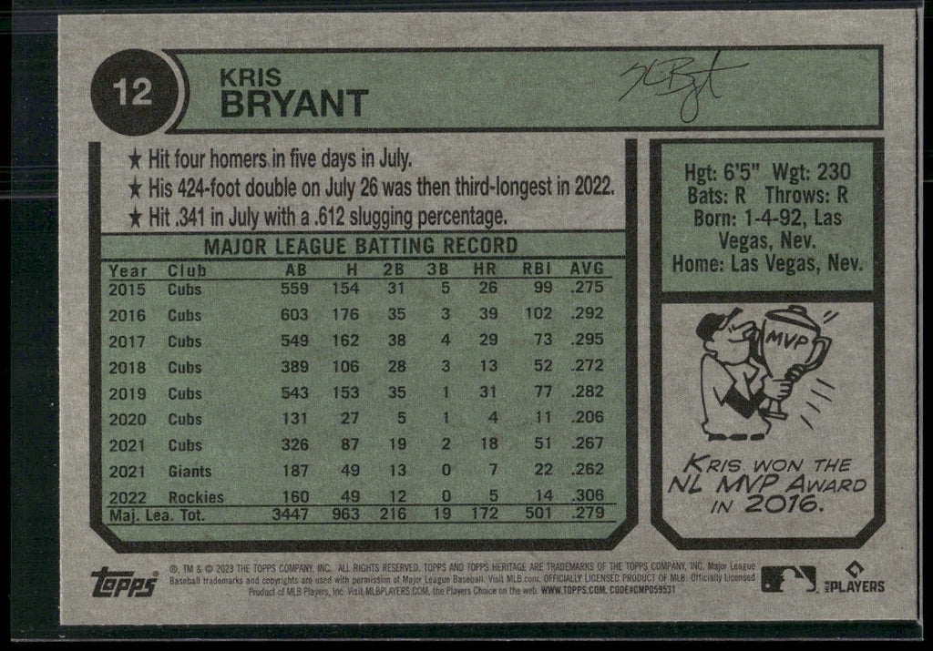 2023 Topps Heritage #12 Kris Bryant