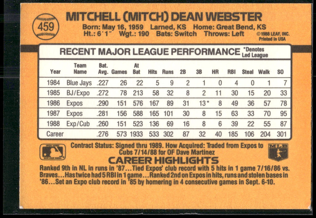 1989 Donruss #459 Mitch Webster