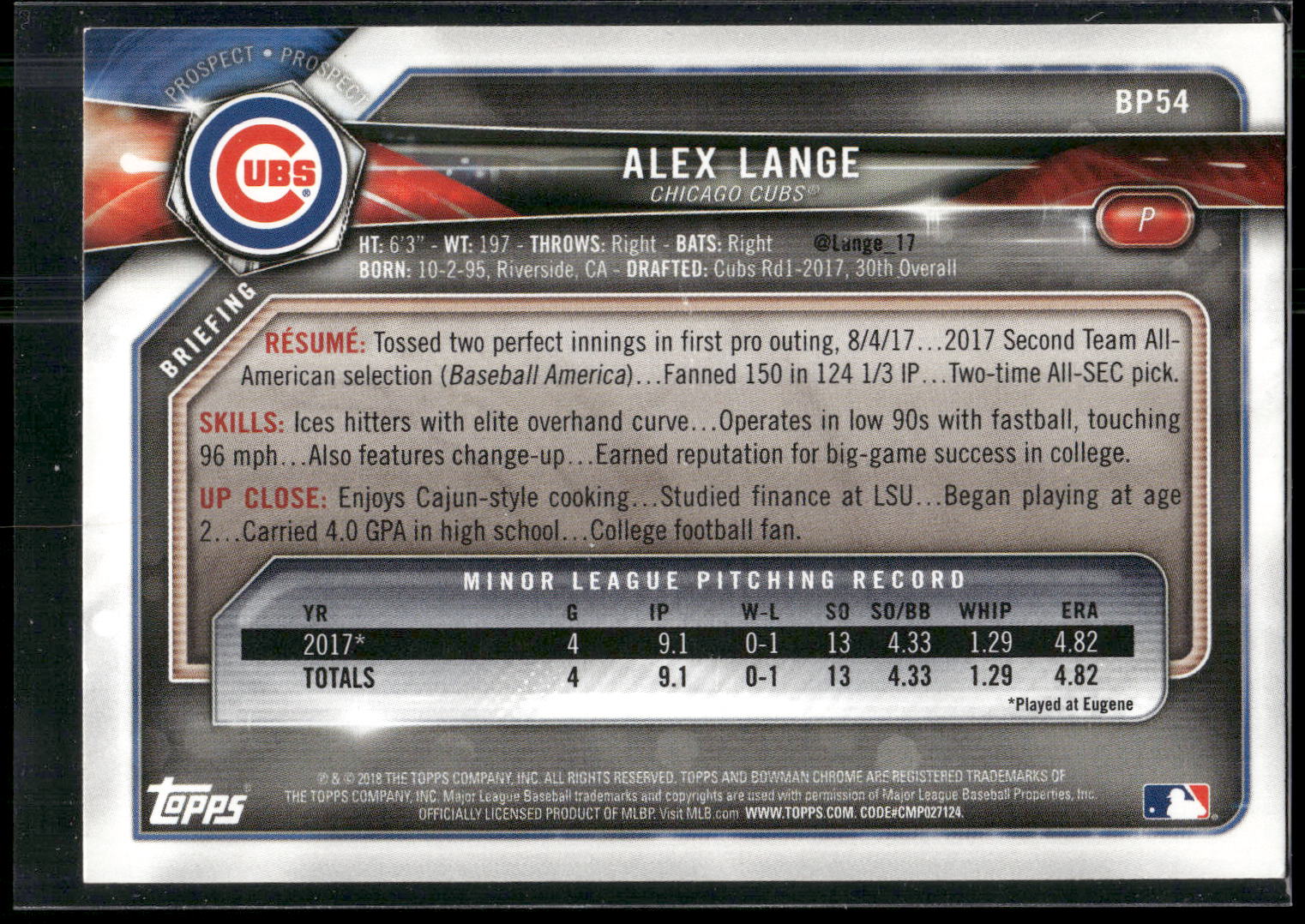 2018 Bowman #BP54 Alex Lange Prospects
