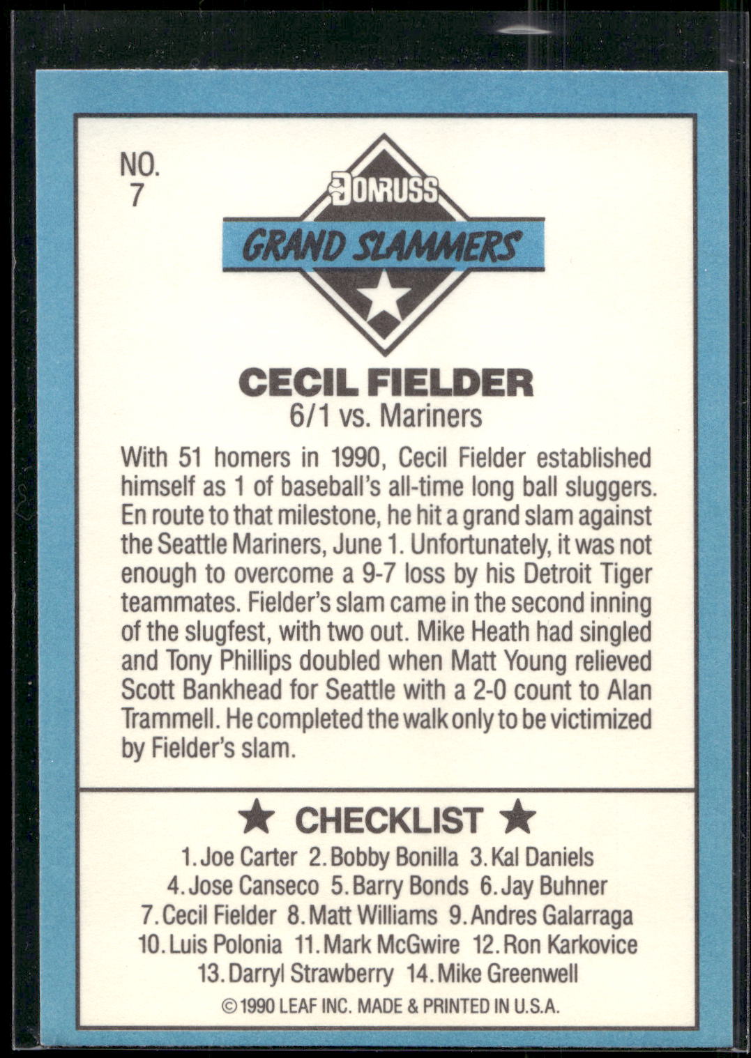 1991 Donruss #7b Cecil Fielder Grand Slammers