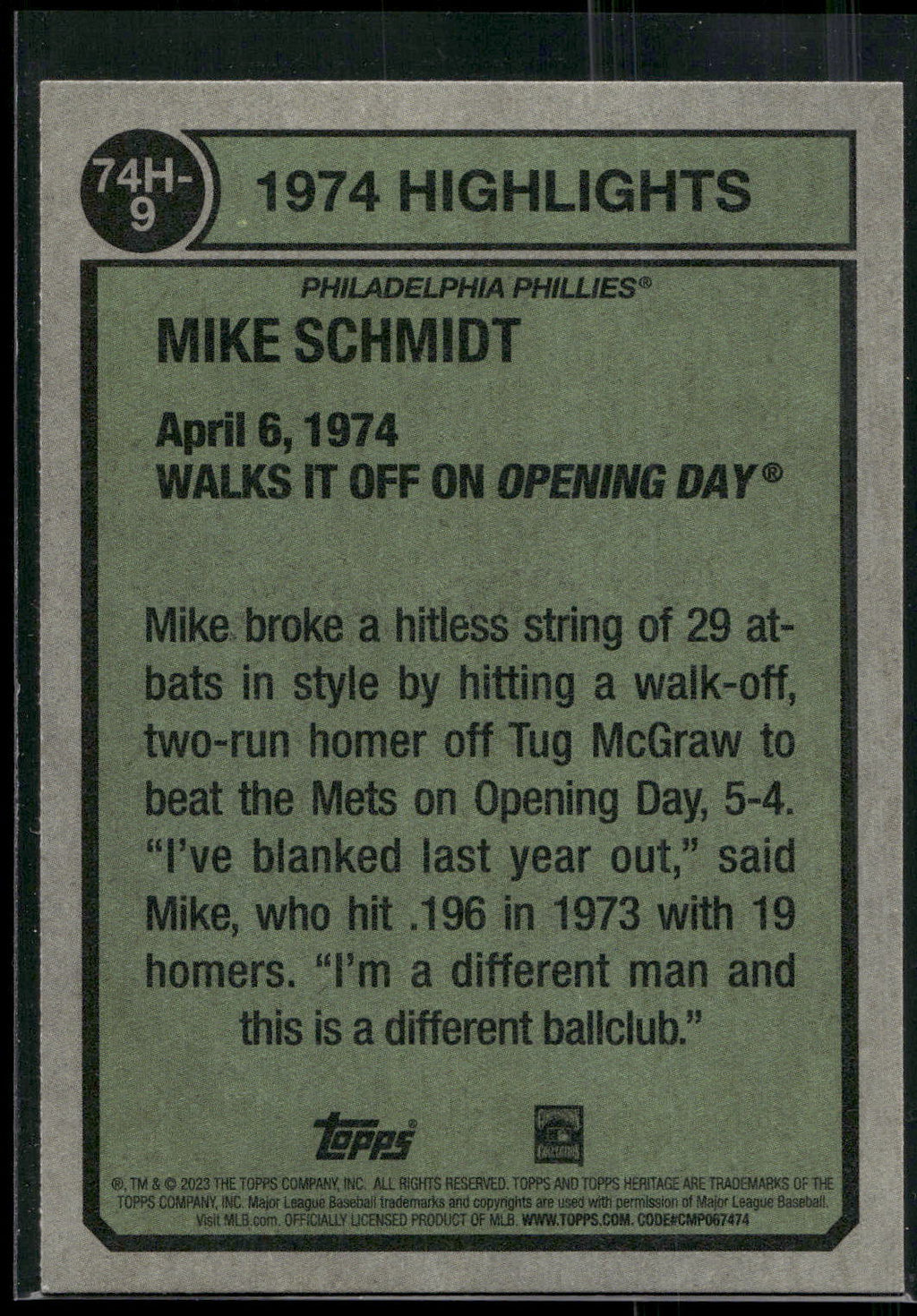 2023 Topps Heritage #74H-9 Mike Schmidt 1974 Highlights