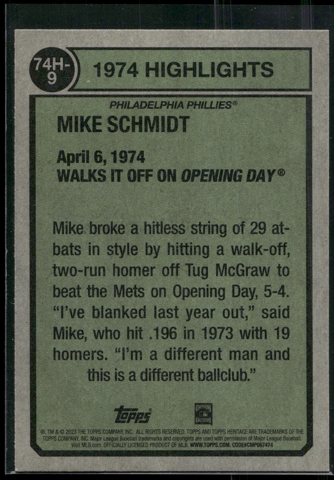 2023 Topps Heritage #74H-9 Mike Schmidt 1974 Highlights