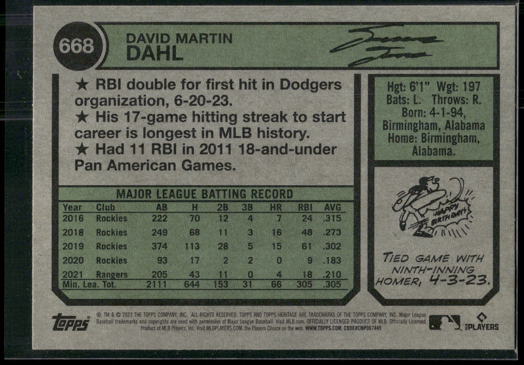 2023 Topps Heritage #668 David Dahl