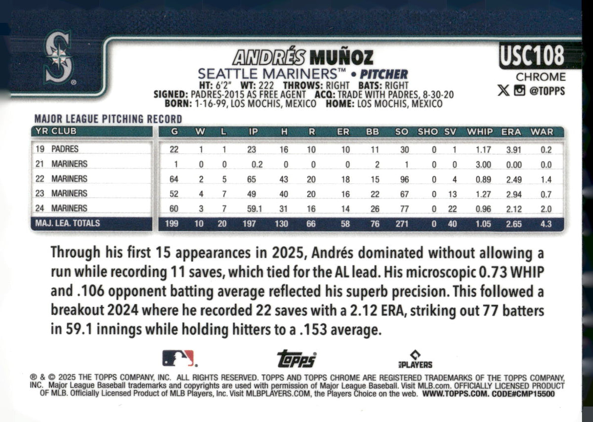 2025 Topps Chrome Update #USC108 Andrés Muñoz Sepia Refractors