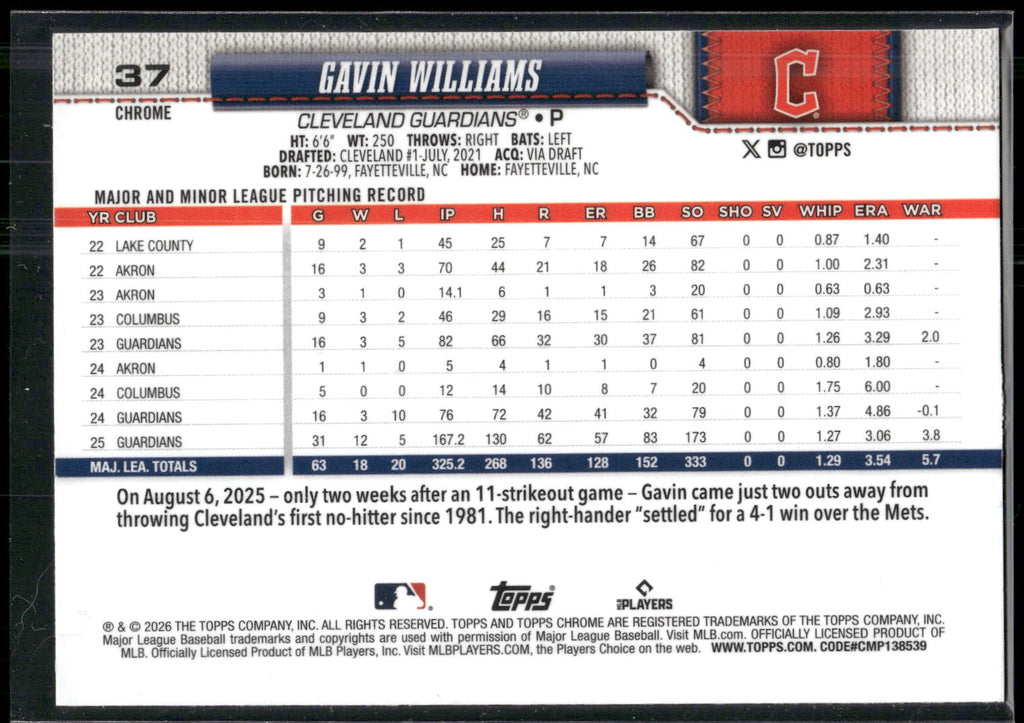 2026 Topps Chrome #37 Gavin Williams