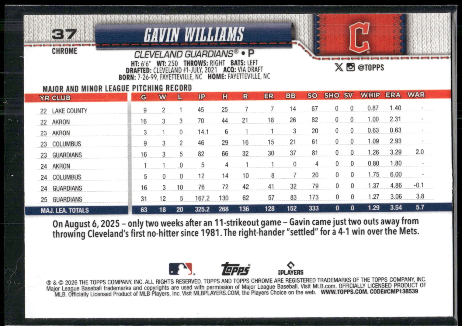 2026 Topps Chrome #37 Gavin Williams