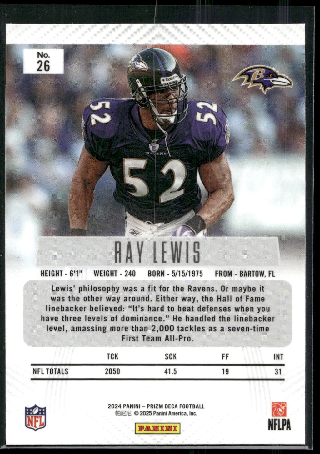2024 Panini Prizm Deca #26 Ray Lewis
