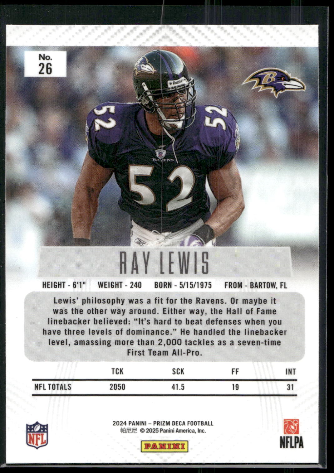2024 Panini Prizm Deca #26 Ray Lewis