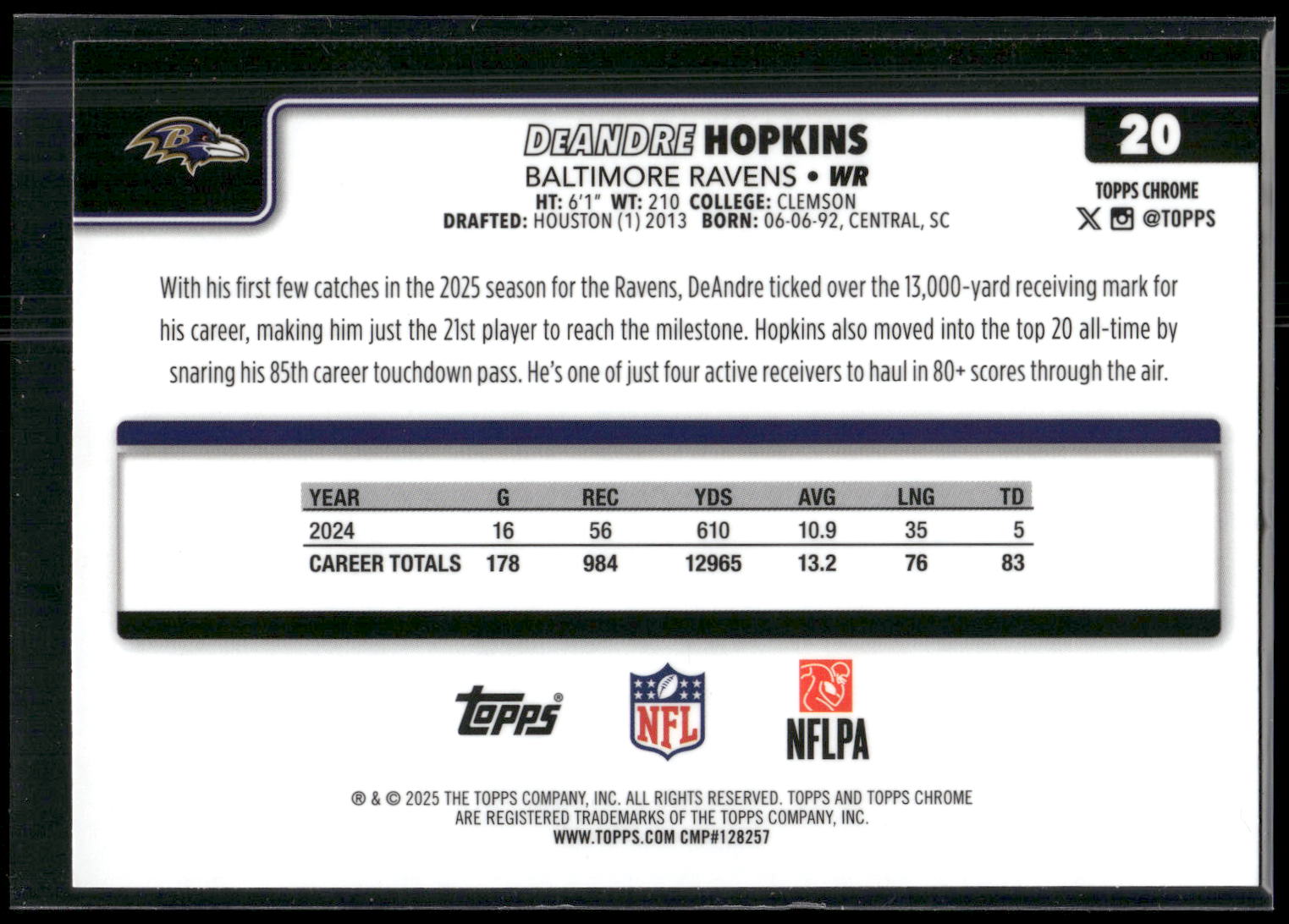 2025 Topps Chrome #20 DeAndre Hopkins Refractor