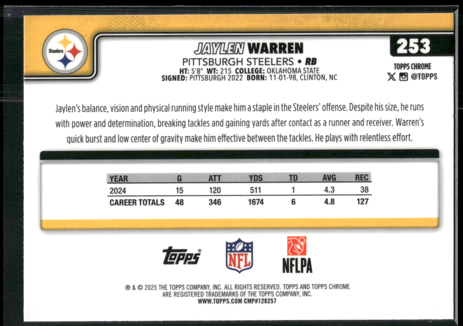 2025 Topps Chrome #253 Jaylen Warren Refractor