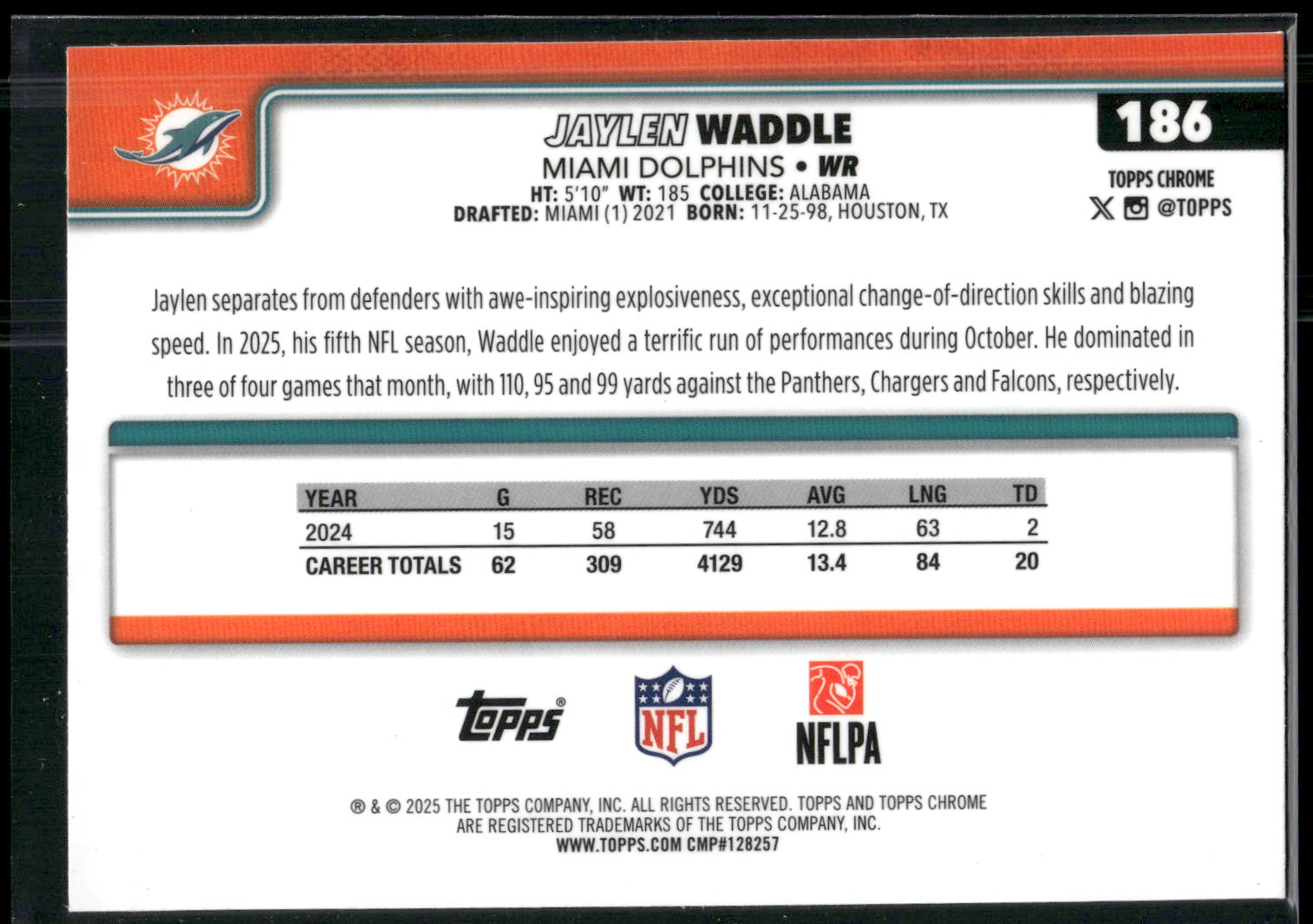 2025 Topps Chrome #186 Jaylen Waddle