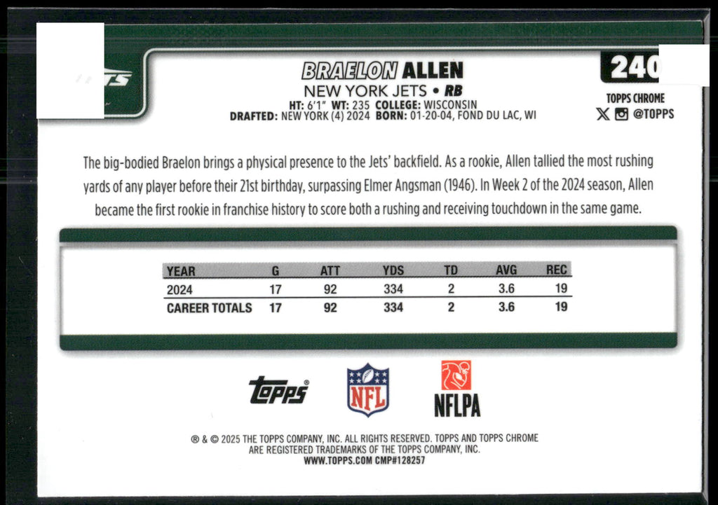 2025 Topps Chrome #240 Braelon Allen