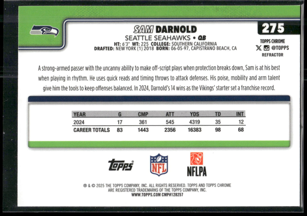 2025 Topps Chrome #275 Sam Darnold Refractor