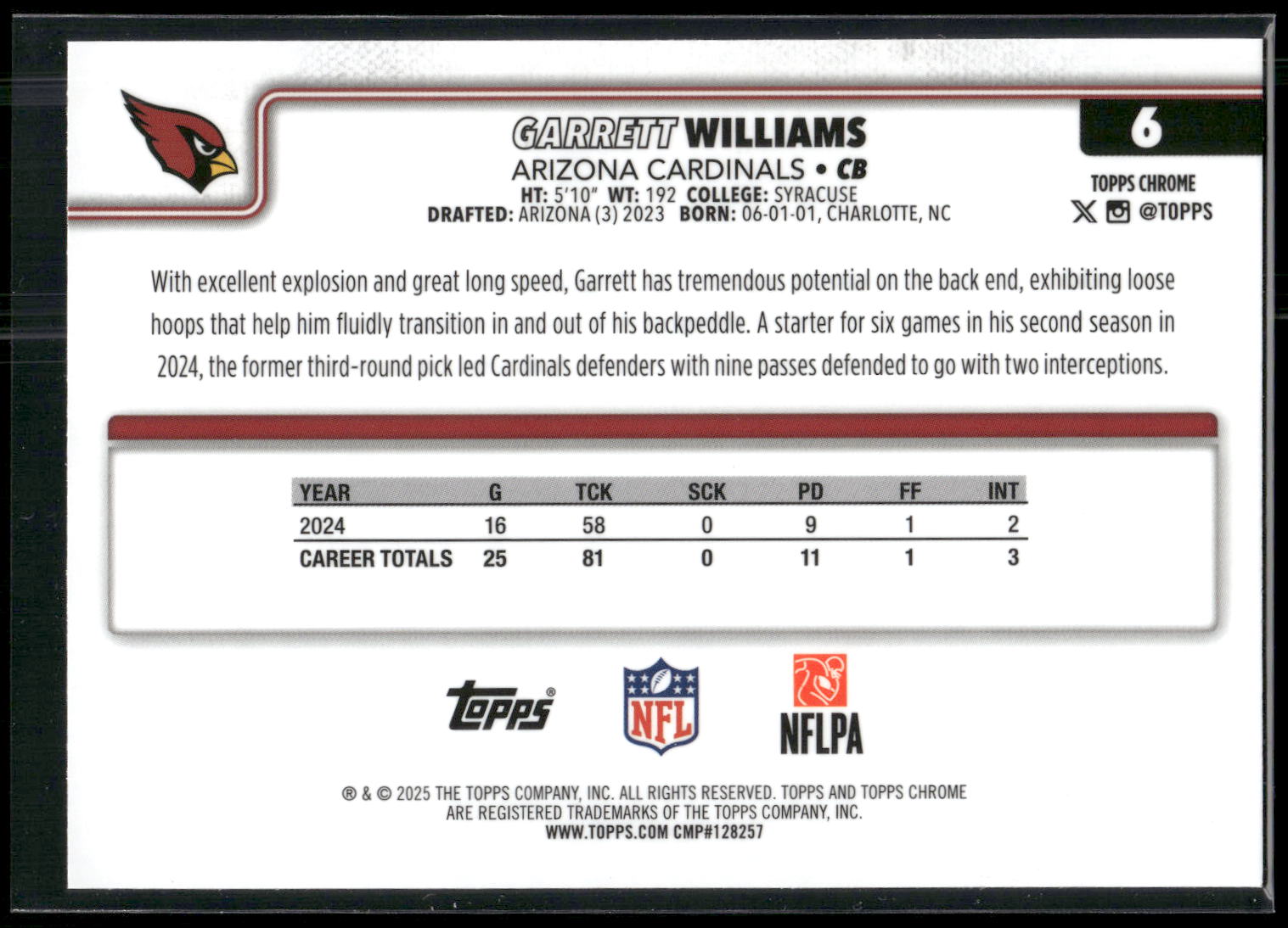2025 Topps Chrome #6 Garrett Williams