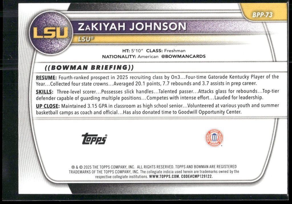 2025-26 Bowman #BPP-73 ZaKiyah Johnson Prospects
