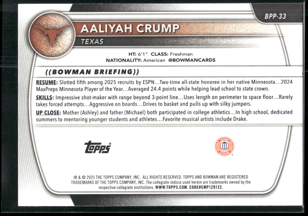 2025-26 Bowman #BPP-33 Aaliyah Crump Prospects