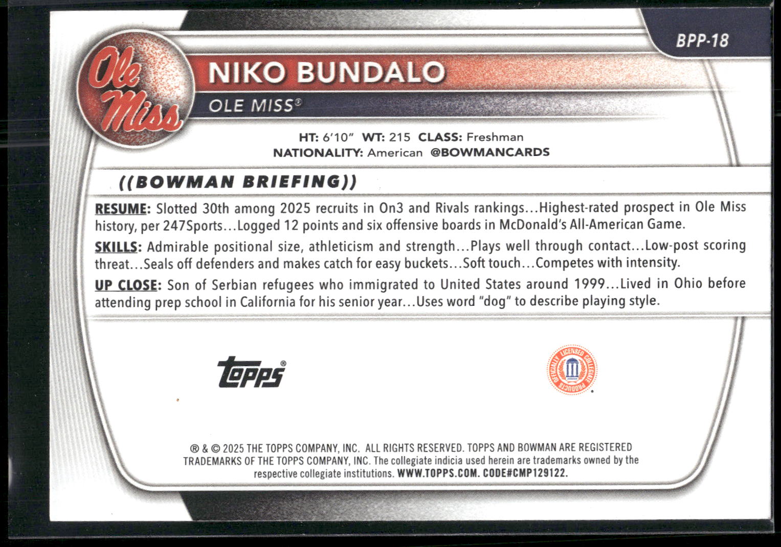 2025-26 Bowman #BPP-18 Niko Bundalo Prospects