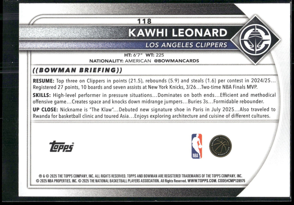 2025-26 Bowman #118 Kawhi Leonard