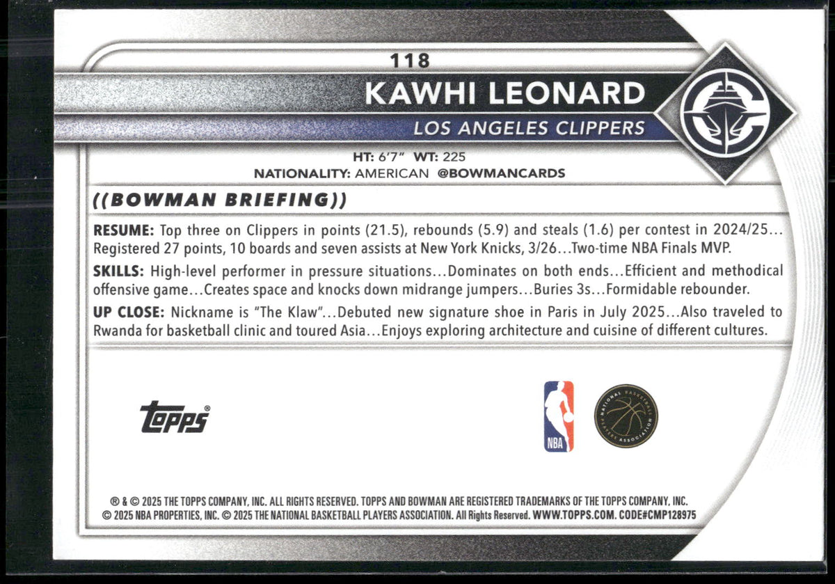 2025-26 Bowman #118 Kawhi Leonard