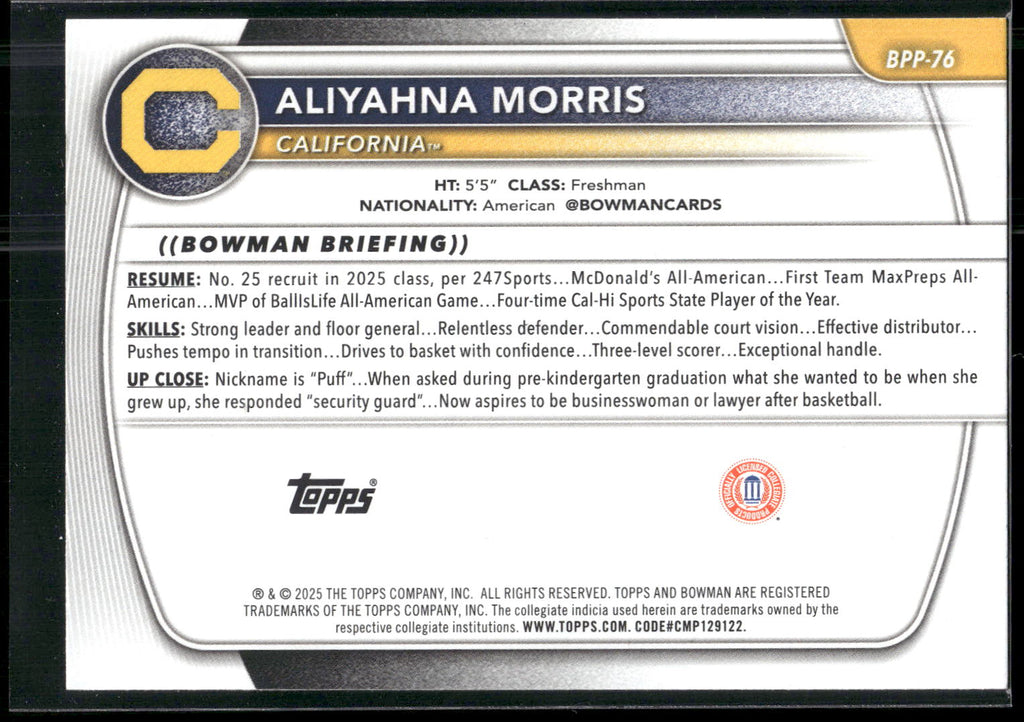 2025-26 Bowman #BPP-76 Aliyahna Morris Prospects