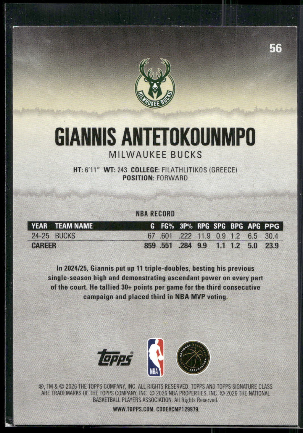 2025-26 Topps Signature Class #56 Giannis Antetokounmpo