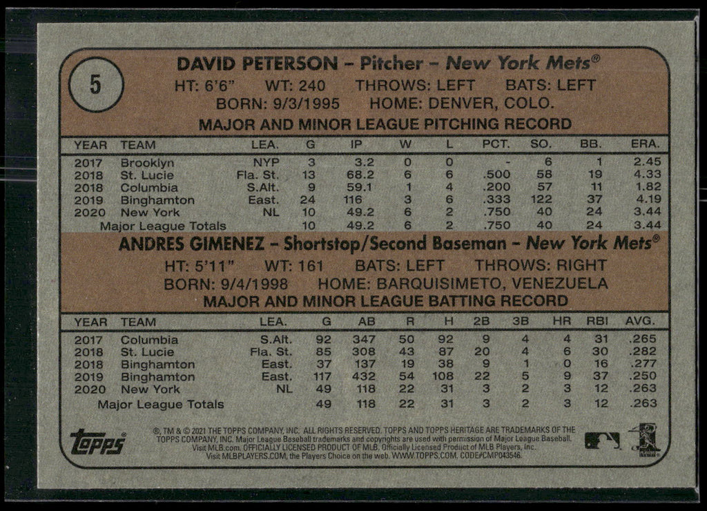2021 Topps Heritage #5 Mets 2021 Rookie Stars (David Peterson / Andres Gimenez)