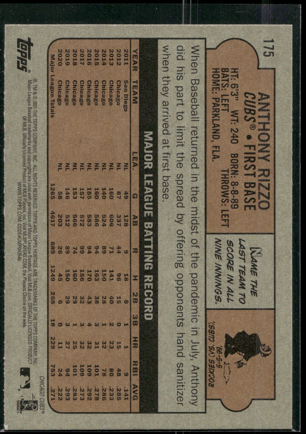 2021 Topps Heritage #175 Anthony Rizzo