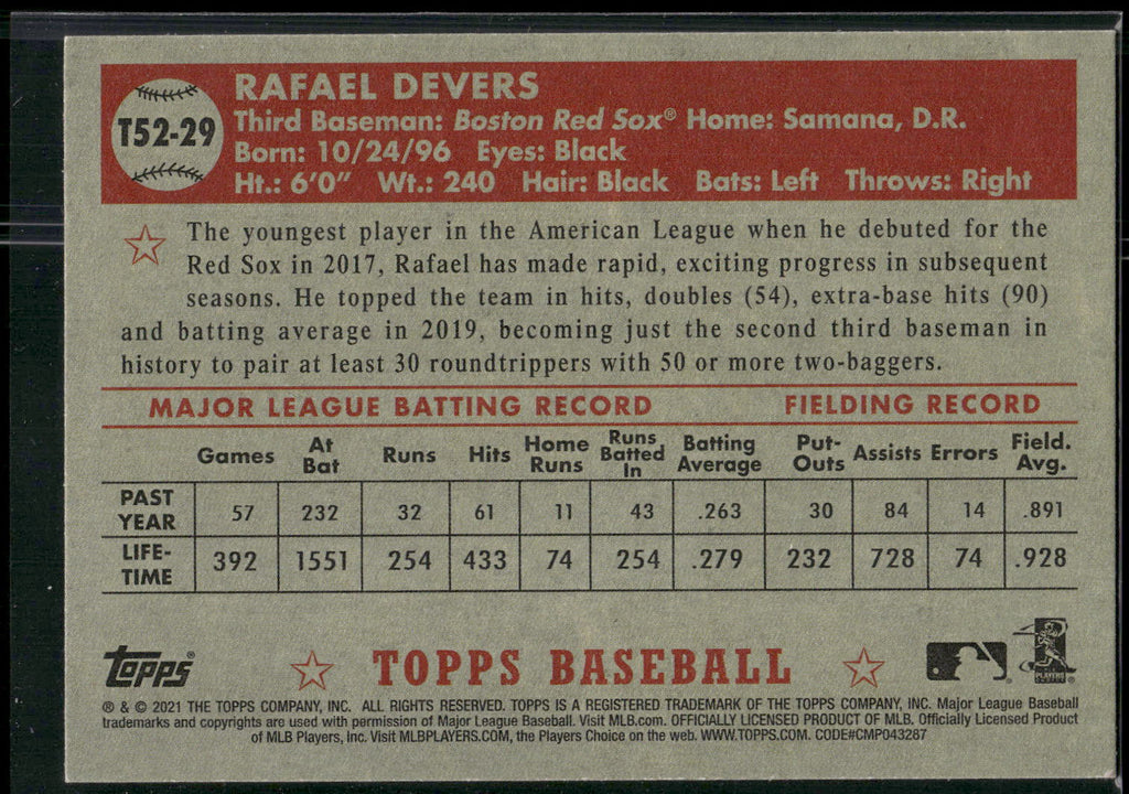 2021 Topps #T52-29 Rafael Devers 1952 Topps Redux