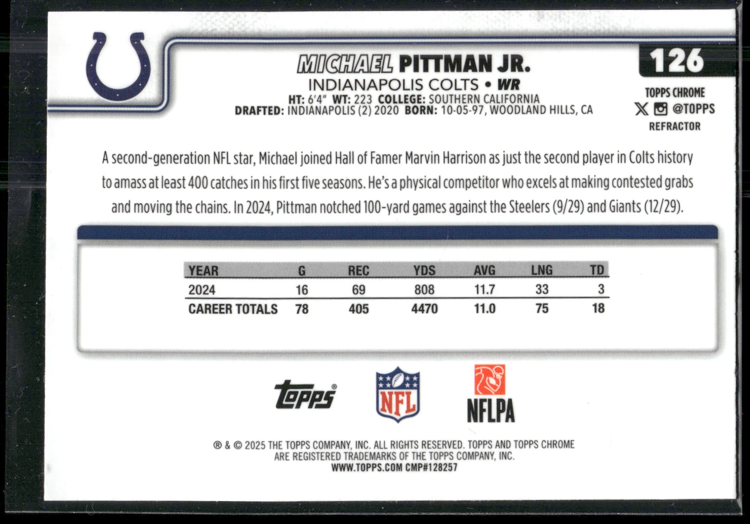 2025 Topps Chrome #126 Michael Pittman Jr. Refractor