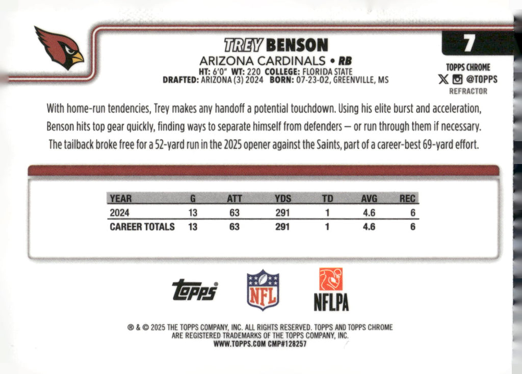 2025 Topps Chrome #7 Trey Benson Refractor