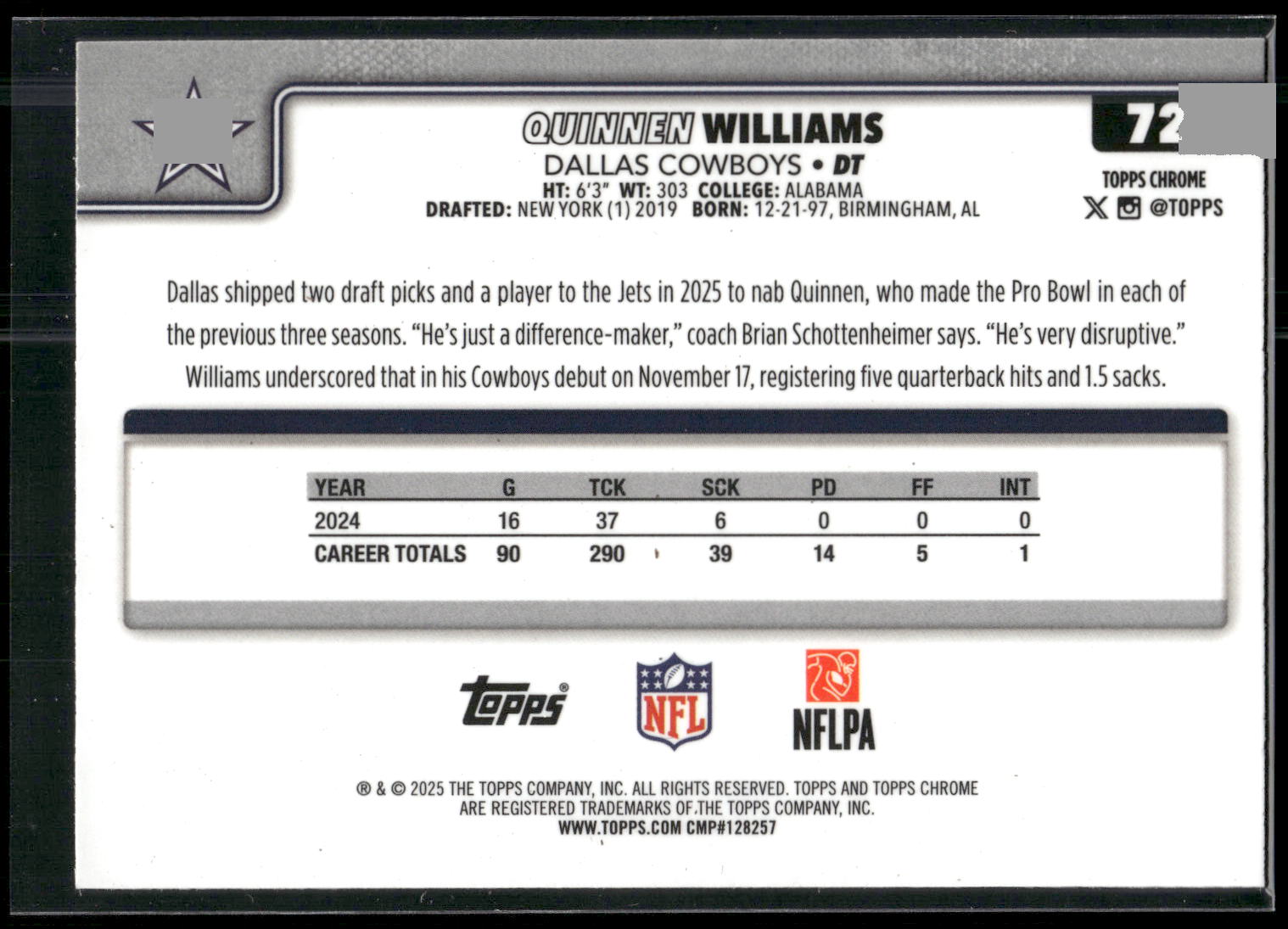 2025 Topps Chrome #72 Quinnen Williams