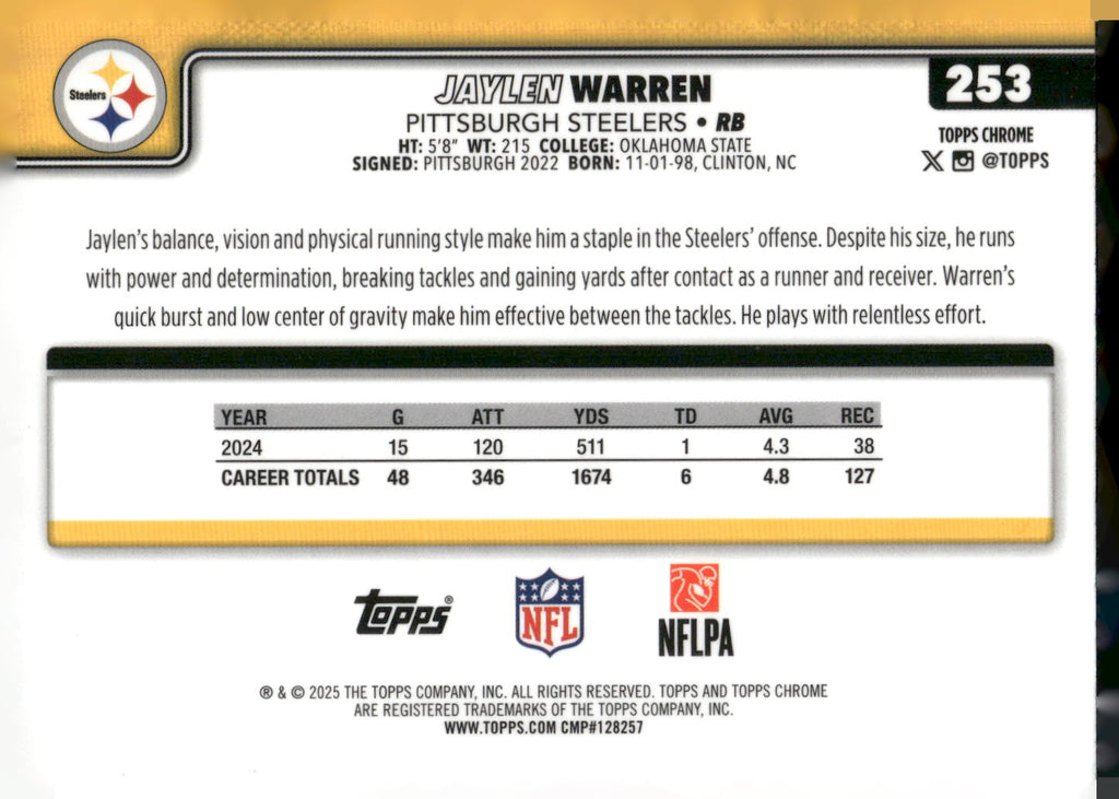 2025 Topps Chrome #253 Jaylen Warren