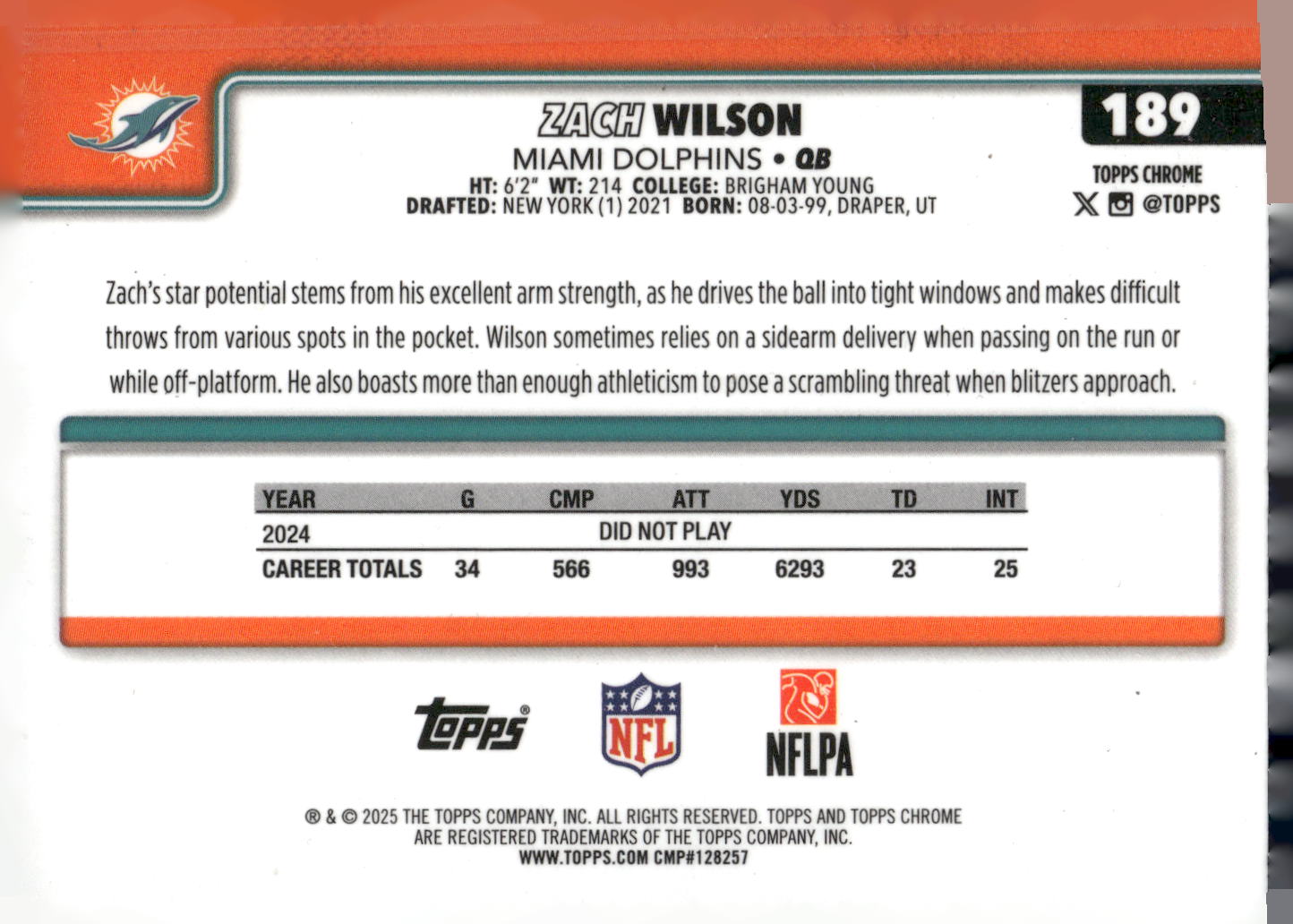 2025 Topps Chrome #189 Zach Wilson