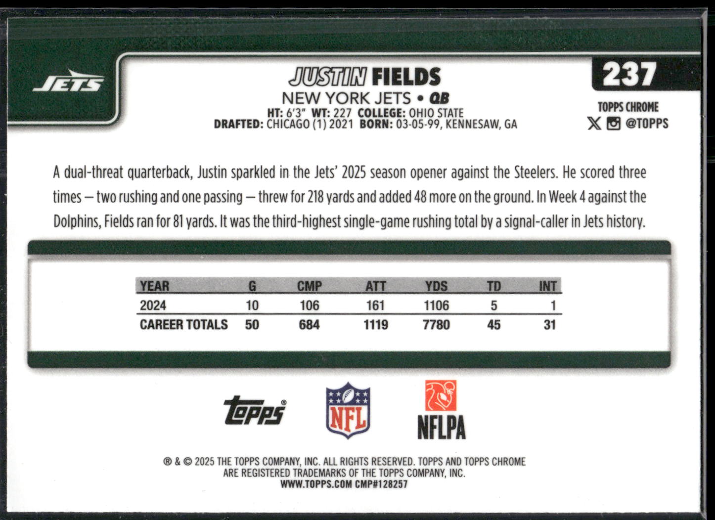 2025 Topps Chrome #237 Justin Fields