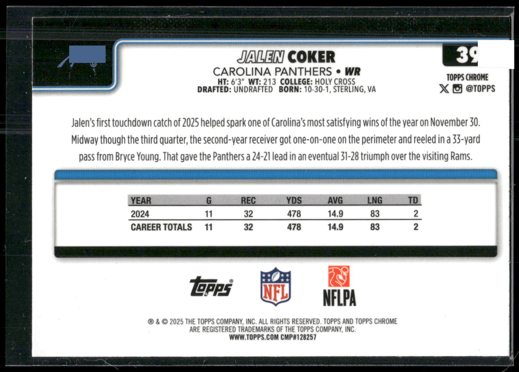 2025 Topps Chrome #39 Jalen Coker