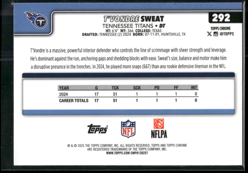 2025 Topps Chrome #292 T'Vondre Sweat