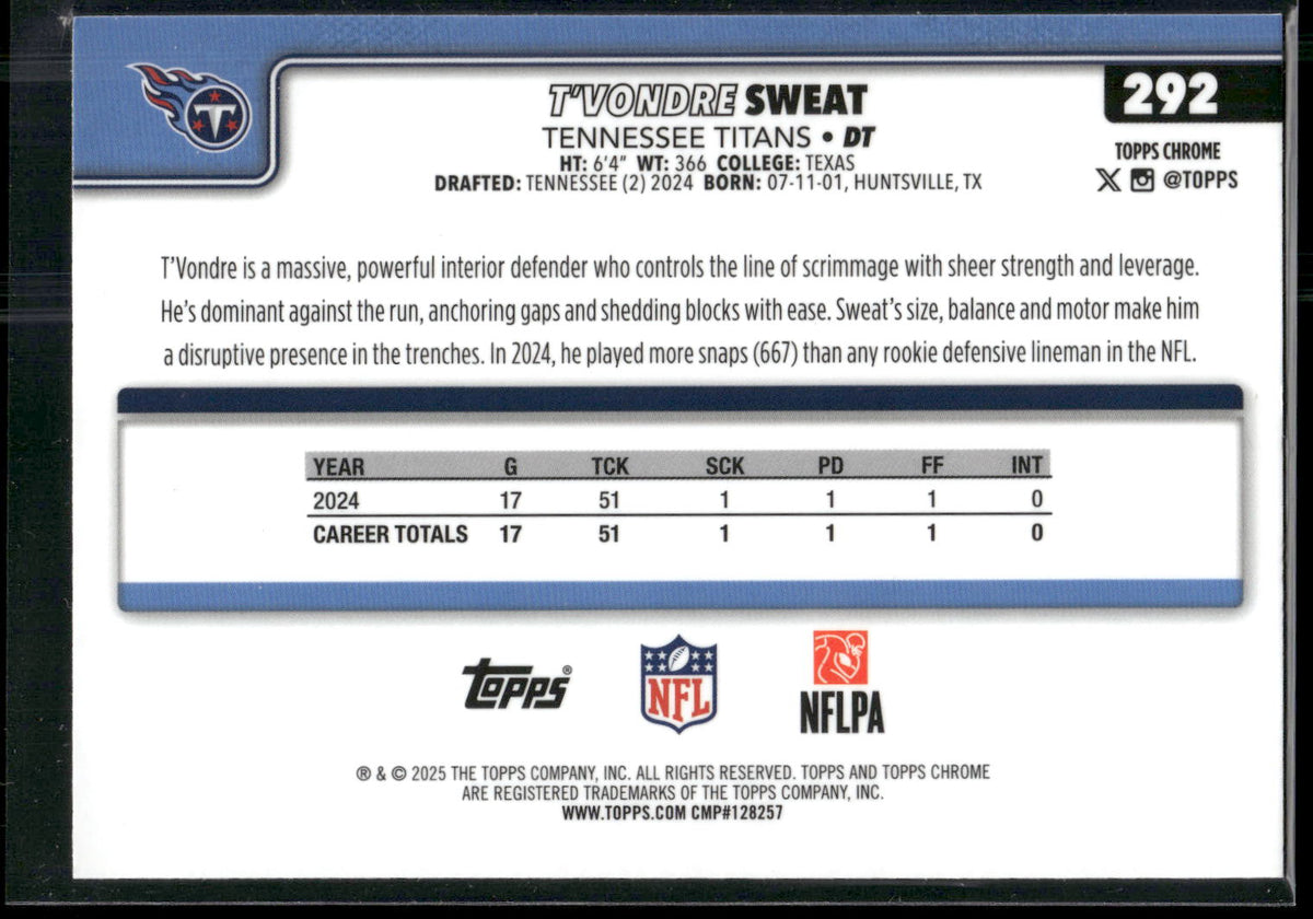 2025 Topps Chrome #292 T'Vondre Sweat