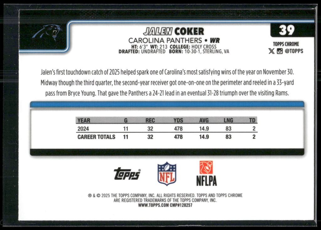 2025 Topps Chrome #39 Jalen Coker