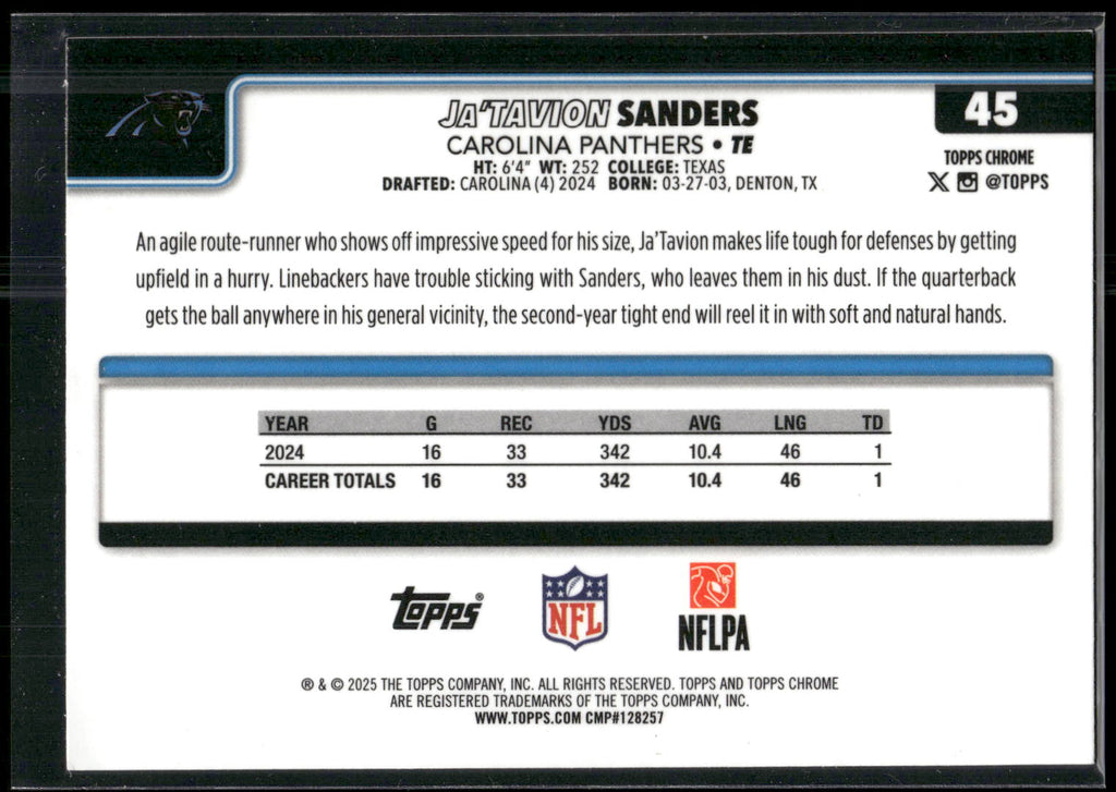 2025 Topps Chrome #45 Ja'Tavion Sanders