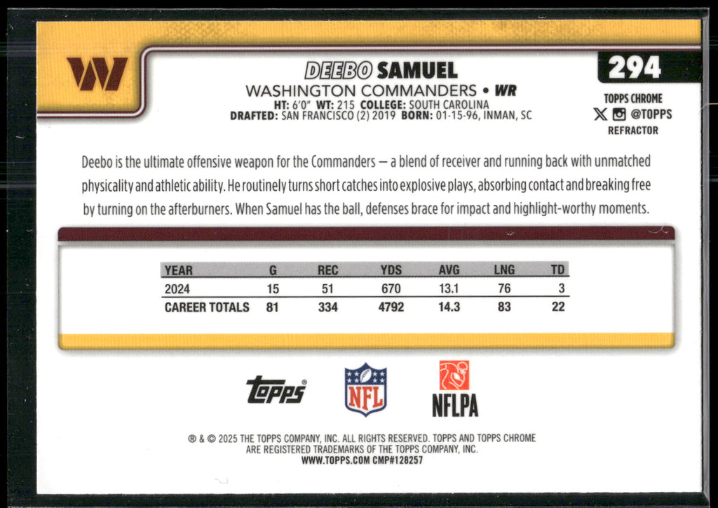 2025 Topps Chrome #294 Deebo Samuel Refractor