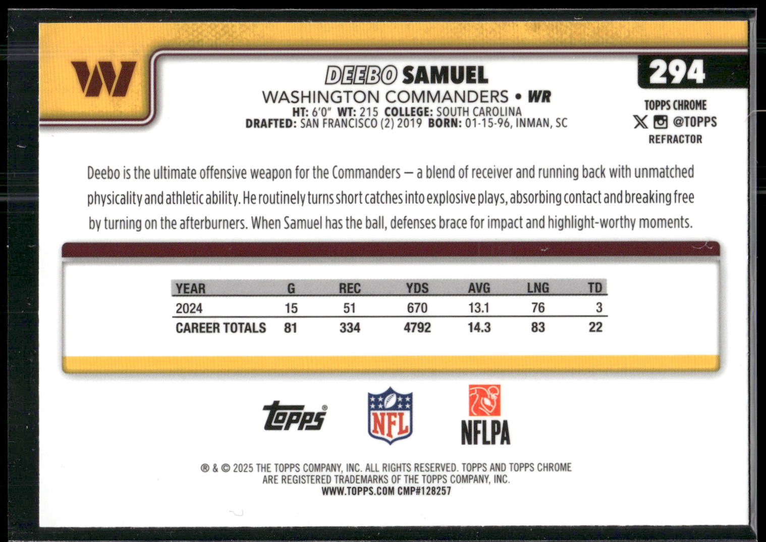 2025 Topps Chrome #294 Deebo Samuel Refractor